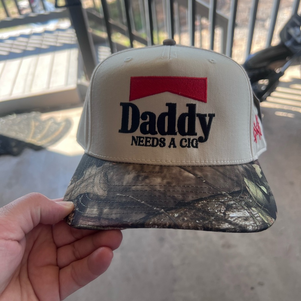 Mossy Oak "Daddy Needs A Cig" Beige and Camo Trucker Hat